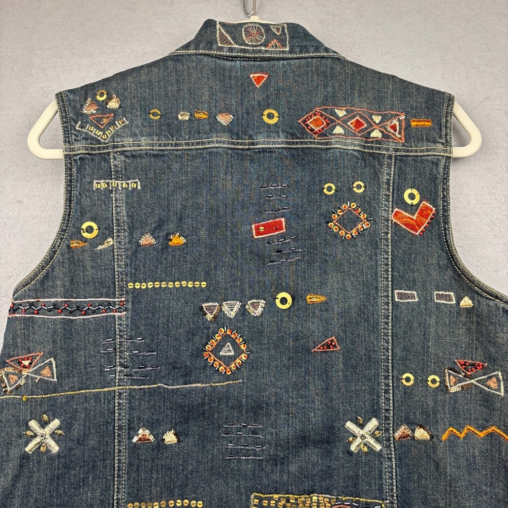 Chico's Denim Vest Womens 2 Large Embroidered Beaded Button Front Western - Picture 5 of 12